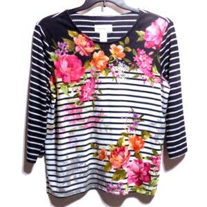 Alfred Dunner Women’s Black & White Striped Top with Floral Embellished Front